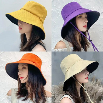 Двустранна сгъваема шапка тип кофа за жени Момичета Лятна шапка за слънце Шапка с рибарска козирка Анти-UV широка периферия Слънцезащитни шапки Памучни шапки