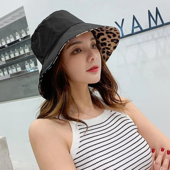 2023 Нови дамски леопардови шапки с кофи, сгъваеми мъжки плажни шапки с плоска горна част за риболов на слънце, висококачествена плоска панама шапка Street