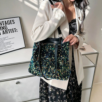 Корейска дамска чанта Модна чанта за подмишници с пайети Луксозна лъскава чанта през рамо Универсална дамска чанта Клъч чанта с голям капацитет