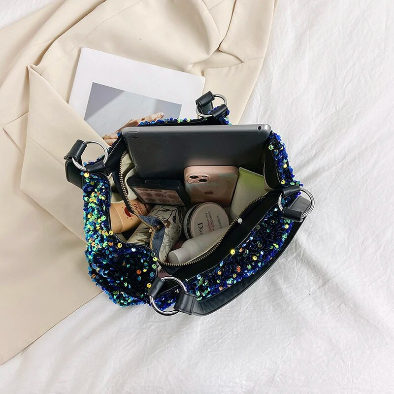 Geantă coreeană pentru femei, la modă, cu paiete, la subrat, geantă de umăr strălucitoare de lux.