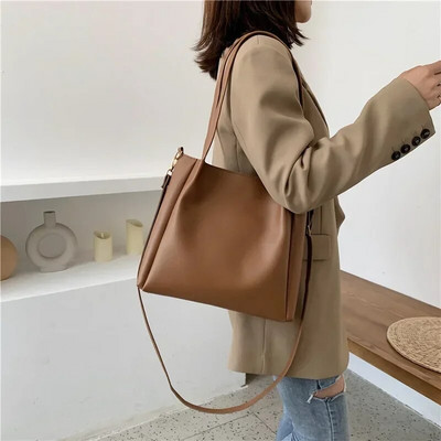 Simple Women Bucket Shoulder Bags New Solid Color Handbags 2024 Retro Large Capacity Tote Bags Large Capacity Pu Leather Bags