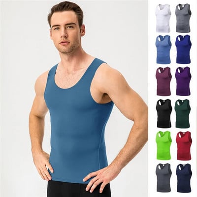 Men Sport Fitness Tees Vest Solid Color Summer Gym Tank Tops Vest Tunic T-Shirt Workout Compression Base Stretch Sports