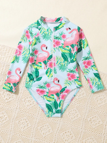 1-7Y Kids Bikini Girls Swimwear 2023 Summer Flamingo Print Μακρυμάνικο σερφ παραλίας Baby S1019