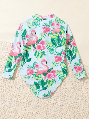 1-7 г. Детски бикини за момичета Бански костюми за 2023 г. Лято с принт на фламинго с дълги ръкави за сърфиране на плаж Бебешки бански костюм S1019