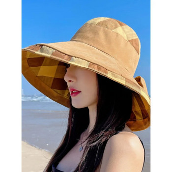 Слънцезащитна шапка с голяма периферия Дамска лятна туристическа шапка за засенчване на лицето Рибарска шапка Цяла мода Голяма карирана плажна шапка Женска