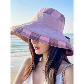 Слънцезащитна шапка с голяма периферия Дамска лятна туристическа шапка за засенчване на лицето Рибарска шапка Цяла мода Голяма карирана плажна шапка Женска