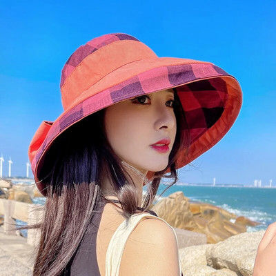Didelė skrybėlė nuo saulės Moterų vasaros kelionės šešėliuojanti veidą žvejo skrybėlė madinga didelė palei languotą paplūdimio skrybėlę Moteris