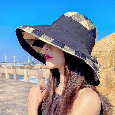 Didelė skrybėlė nuo saulės Moterų vasaros kelionės šešėliuojanti veidą žvejo skrybėlė madinga didelė palei languotą paplūdimio skrybėlę Moteris
