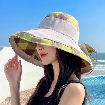 Didelė skrybėlė nuo saulės Moterų vasaros kelionės šešėliuojanti veidą žvejo skrybėlė madinga didelė palei languotą paplūdimio skrybėlę Moteris