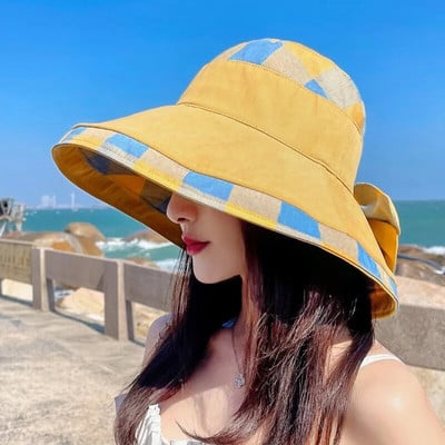 Didelė skrybėlė nuo saulės Moterų vasaros kelionės šešėliuojanti veidą žvejo skrybėlė madinga didelė palei languotą paplūdimio skrybėlę Moteris