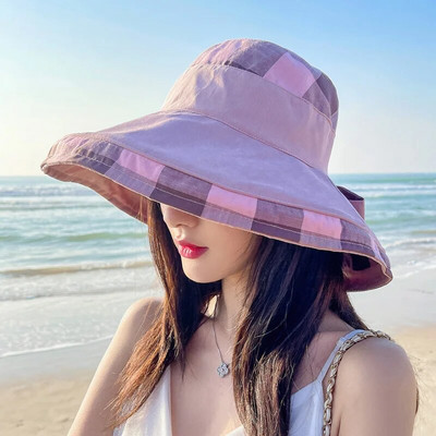 Didelė skrybėlė nuo saulės Moterų vasaros kelionės šešėliuojanti veidą žvejo skrybėlė madinga didelė palei languotą paplūdimio skrybėlę Moteris