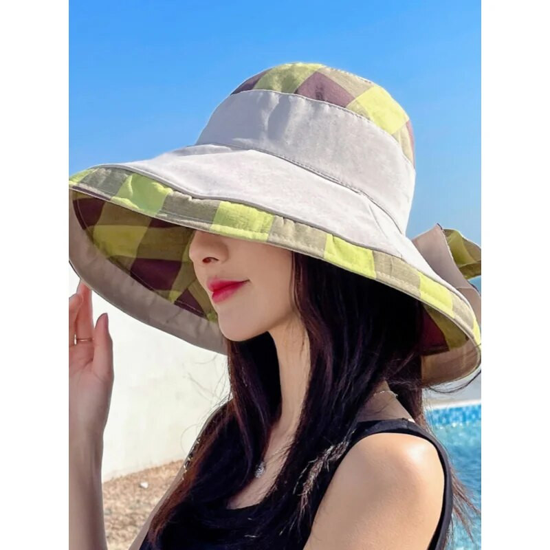 Didelė skrybėlė nuo saulės Moterų vasaros kelionės šešėliuojanti veidą žvejo skrybėlė madinga didelė palei languotą paplūdimio skrybėlę Moteris