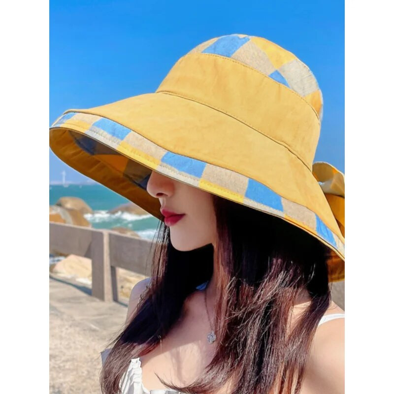 Didelė skrybėlė nuo saulės Moterų vasaros kelionės šešėliuojanti veidą žvejo skrybėlė madinga didelė palei languotą paplūdimio skrybėlę Moteris