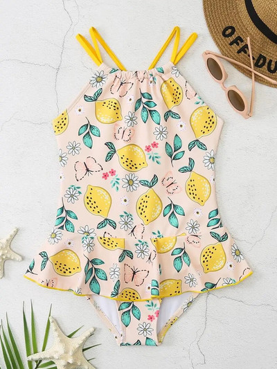 2023 m. su dirželiais mergaičių maudymosi kostiumėlis, vaikiški maudymosi kostiumėliai aukštu kaklu.