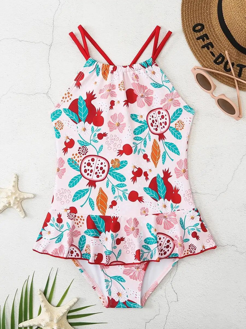 2023 m. su dirželiais mergaičių maudymosi kostiumėlis, vaikiški maudymosi kostiumėliai aukštu kaklu.