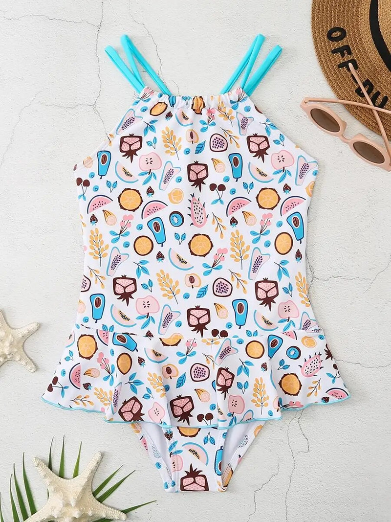 2023 m. su dirželiais mergaičių maudymosi kostiumėlis, vaikiški maudymosi kostiumėliai aukštu kaklu.