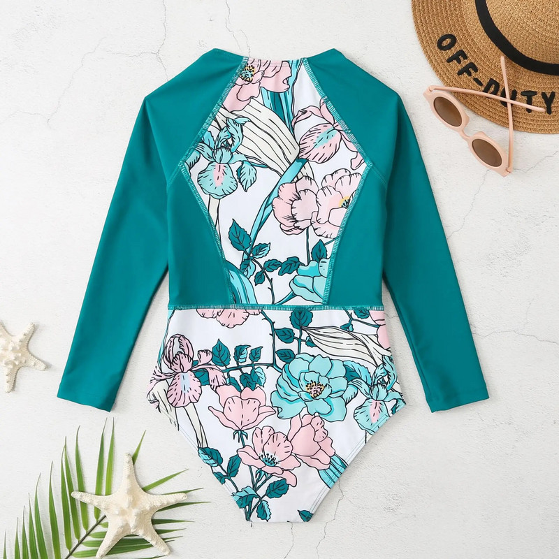 2023 m. gėlėtas mergaičių maudymosi kostiumėlis, vaikiški maudymosi kostiumėliai, moteriški vaikiški maudymosi kostiumėliai ilgomis rankovėmis besimaudančiųjų maudymosi maudymosi kostiumėliai paplūdimio drabužiai
