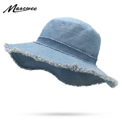 Womens Denim Bucket Hat Male Korean Style Casual Cowboy Fishing Caps Fashionable Spring Summer Cool Jeans Tassel Sun Hats