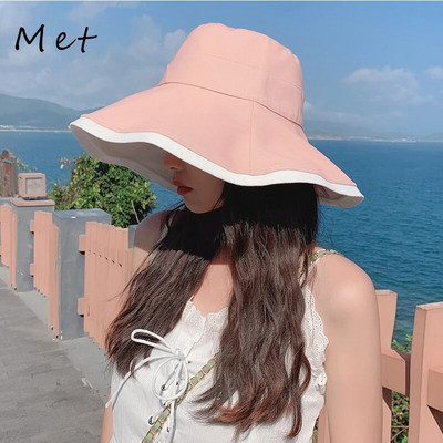 k221 Bucket Hat Hat Female Summer Sun Hat Sunscreen Double sided Fisherman Hat Wild Anti-Ultraviolet Big Brim Women`s Hat Panama