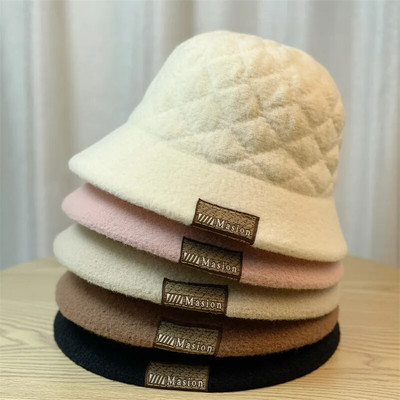 Дамска зимна заешка пухкава шапка тип кофа Модна топла рибарска шапка на райета с едноцветна панамена шапка Студена шапка Дизайнерска шапка