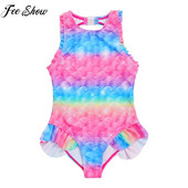 Gyerek lányok fürdőruha Ujjatlan, nyitott hátú Hal pikkelyek Nyomtatott Fodor Flounce Jumpsuit sellő Fürdőmedence Strand atlétikai fürdőruha