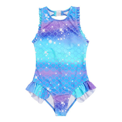 Gyerek lányok fürdőruha Ujjatlan, nyitott hátú Hal pikkelyek Nyomtatott Fodor Flounce Jumpsuit sellő Fürdőmedence Strand atlétikai fürdőruha