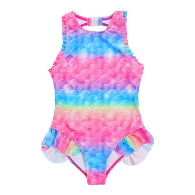 Gyerek lányok fürdőruha Ujjatlan, nyitott hátú Hal pikkelyek Nyomtatott Fodor Flounce Jumpsuit sellő Fürdőmedence Strand atlétikai fürdőruha
