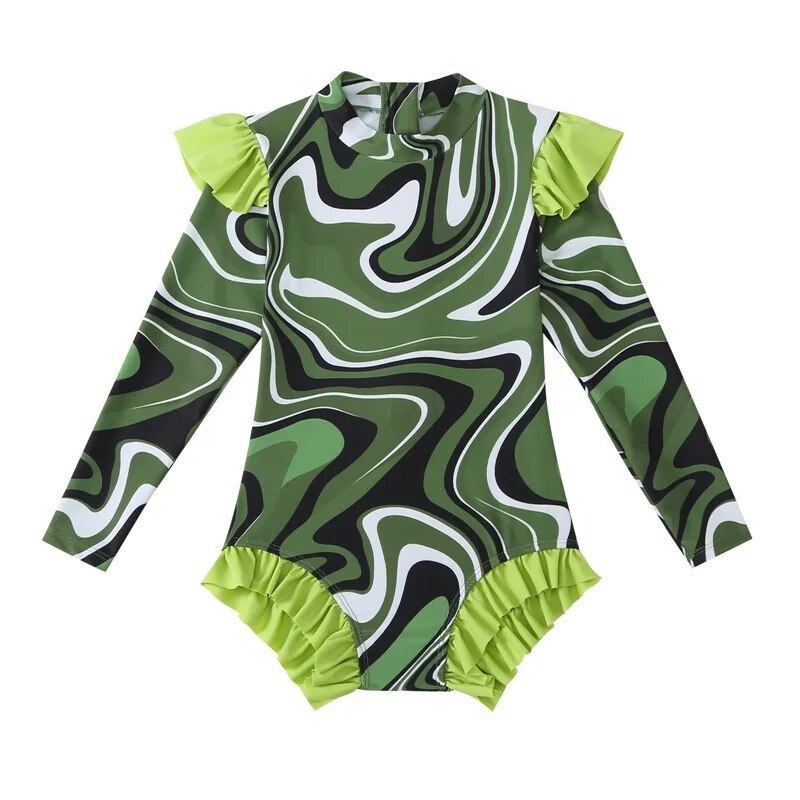 3–12 m. mergaičių vientisas maudymosi kostiumėlis, 2024 m. Madingas vaikiškas maudymosi kostiumėlis ilgomis rankovėmis, skirtas vaikams, plaukimo kostiumas