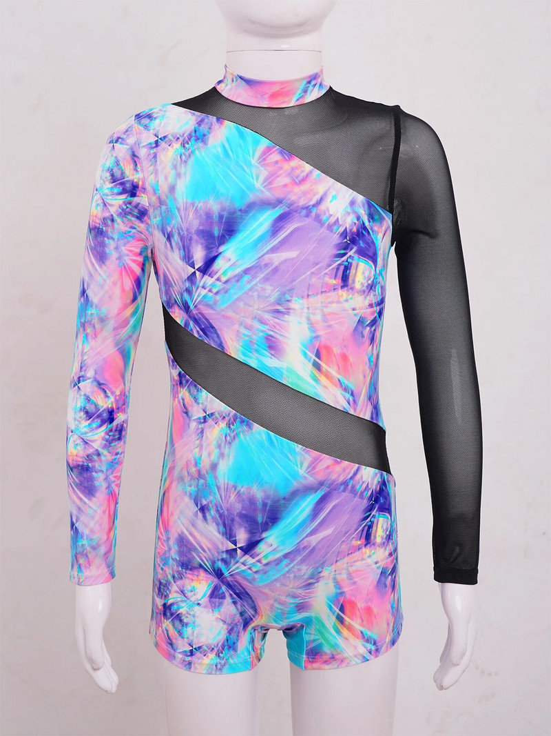 Vaikams mergaitėms ilgomis rankovėmis vientisas maudymosi kostiumėlis, modeliuotas kaklelis, užtrauktukas permatomas tinklelis, šokių gimnastikos kostiumas, maudymosi kostiumas, paplūdimio apranga