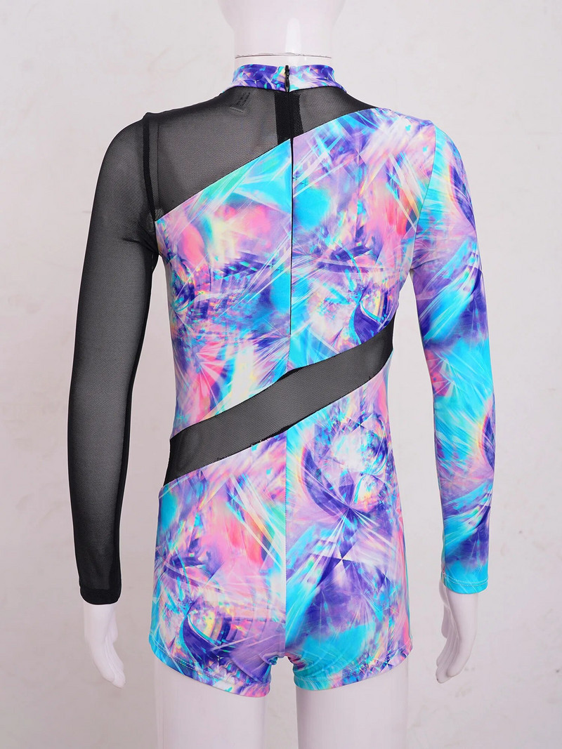 Vaikams mergaitėms ilgomis rankovėmis vientisas maudymosi kostiumėlis, modeliuotas kaklelis, užtrauktukas permatomas tinklelis, šokių gimnastikos kostiumas, maudymosi kostiumas, paplūdimio apranga