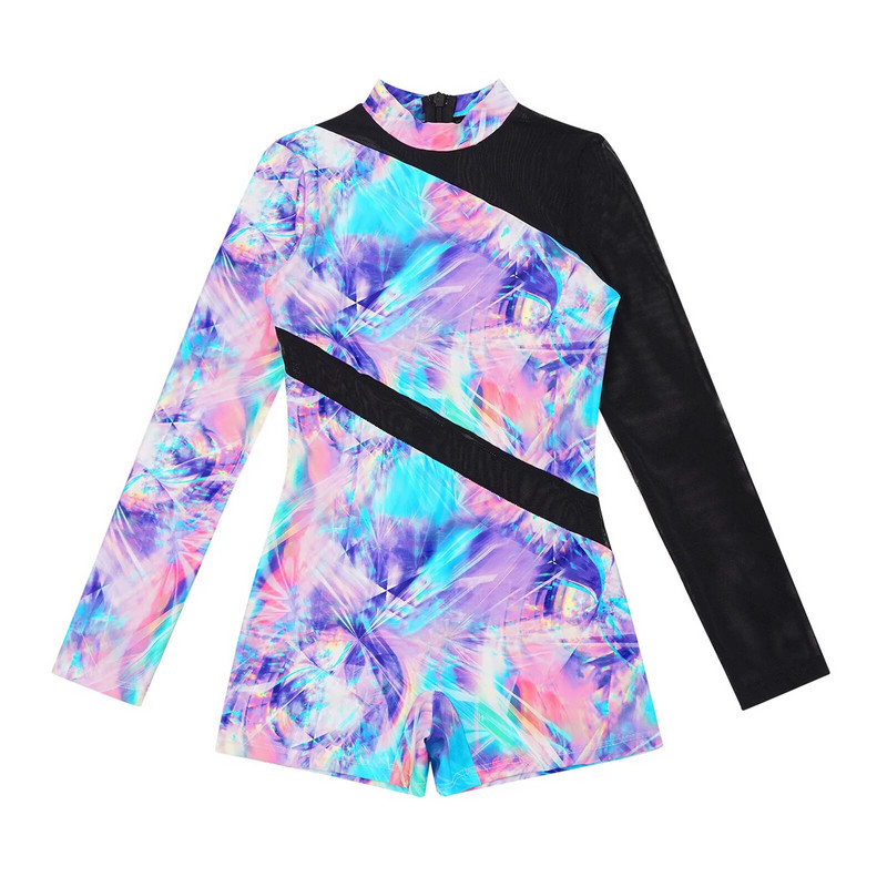 Vaikams mergaitėms ilgomis rankovėmis vientisas maudymosi kostiumėlis, modeliuotas kaklelis, užtrauktukas permatomas tinklelis, šokių gimnastikos kostiumas, maudymosi kostiumas, paplūdimio apranga