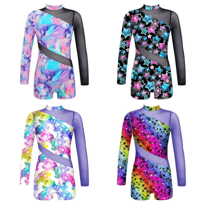 Vaikams mergaitėms ilgomis rankovėmis vientisas maudymosi kostiumėlis, modeliuotas kaklelis, užtrauktukas permatomas tinklelis, šokių gimnastikos kostiumas, maudymosi kostiumas, paplūdimio apranga