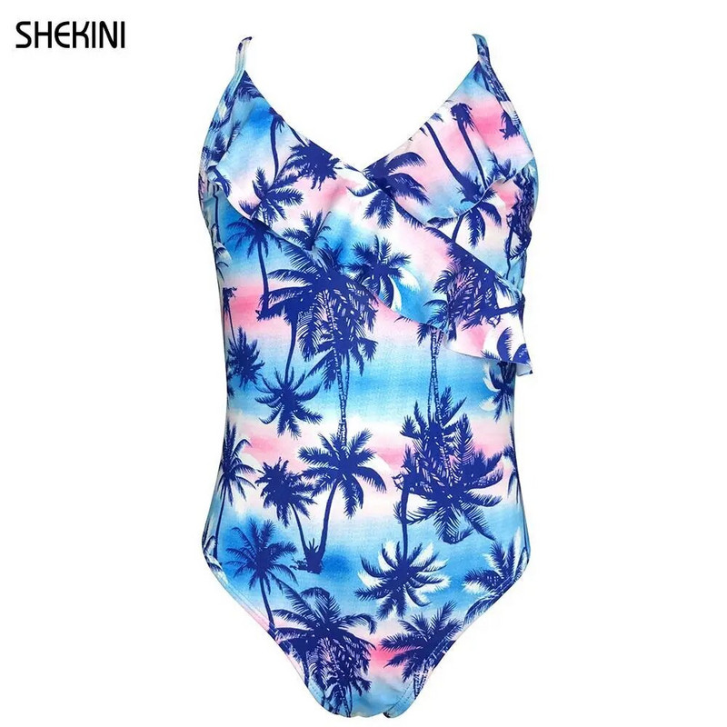 SHEKINI Kupaći kostim za djevojčice V-izrez Jednodijelni kupaći kostim s naborima i ukrštenim naramenicama za djevojčice 6-14 godina Ljetna sportska odjeća za plažu Kupaći kostim