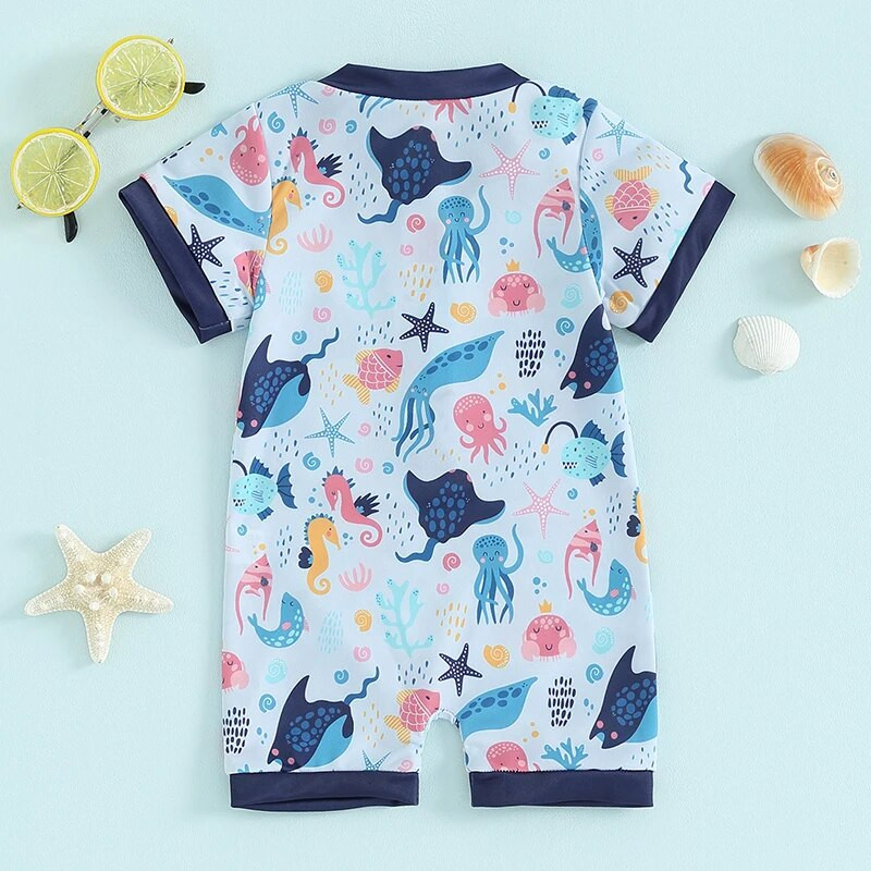 Naujagimio maudymosi kostiumėlis Dinozaurų Aštuonkojų spausdinimui su trumpomis rankovėmis užtrauktuku nuo bėrimų apsaugantis maudymosi kostiumėlis, apsaugantis nuo saulės, maudymosi kostiumėliai