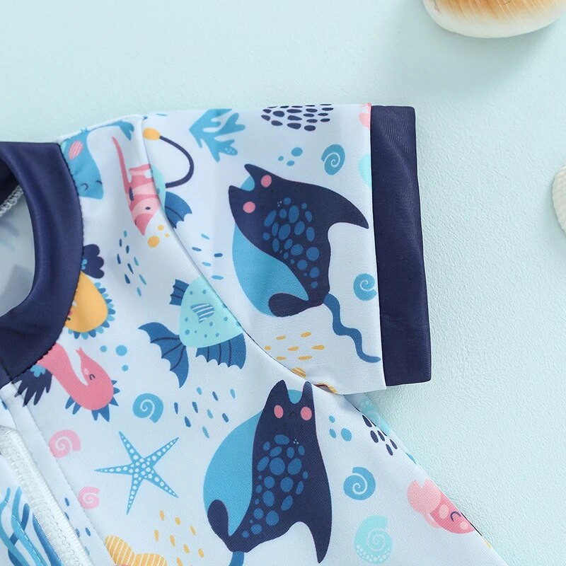 Naujagimio maudymosi kostiumėlis Dinozaurų Aštuonkojų spausdinimui su trumpomis rankovėmis užtrauktuku nuo bėrimų apsaugantis maudymosi kostiumėlis, apsaugantis nuo saulės, maudymosi kostiumėliai