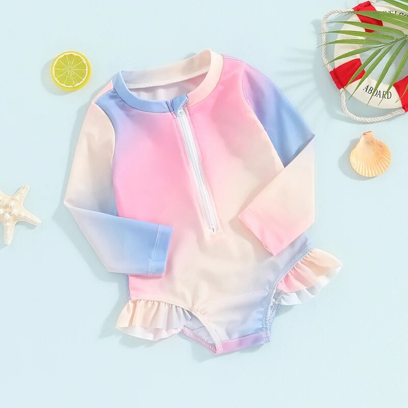 6M-4T Kupaći kostimi s dugim rukavima i okruglim izrezom Rash Guard za djevojčice s gradijentnom bojom na patentni zatvarač