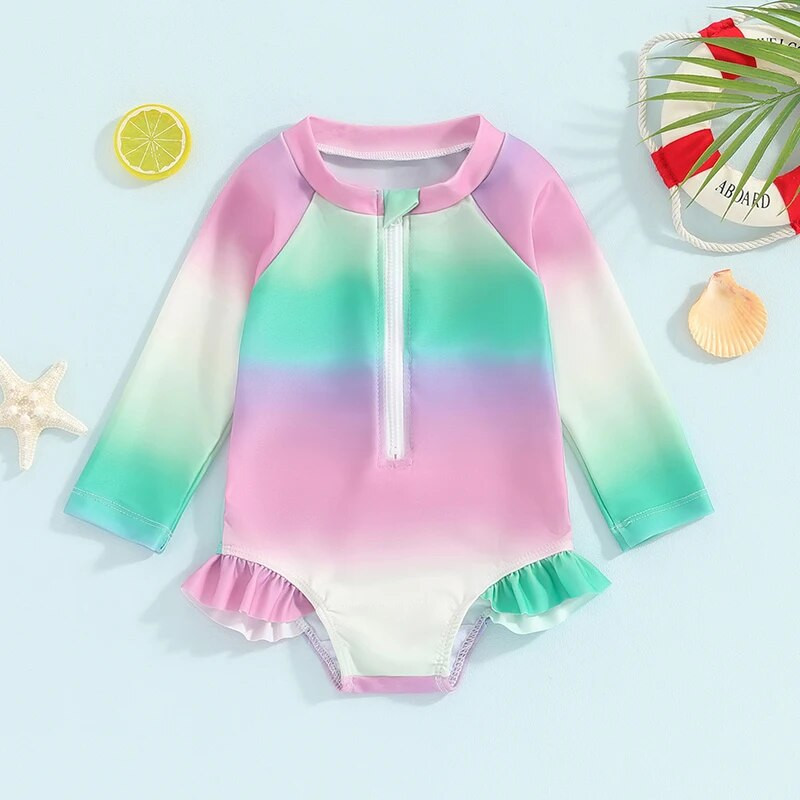 6M-4T Kupaći kostimi s dugim rukavima i okruglim izrezom Rash Guard za djevojčice s gradijentnom bojom na patentni zatvarač