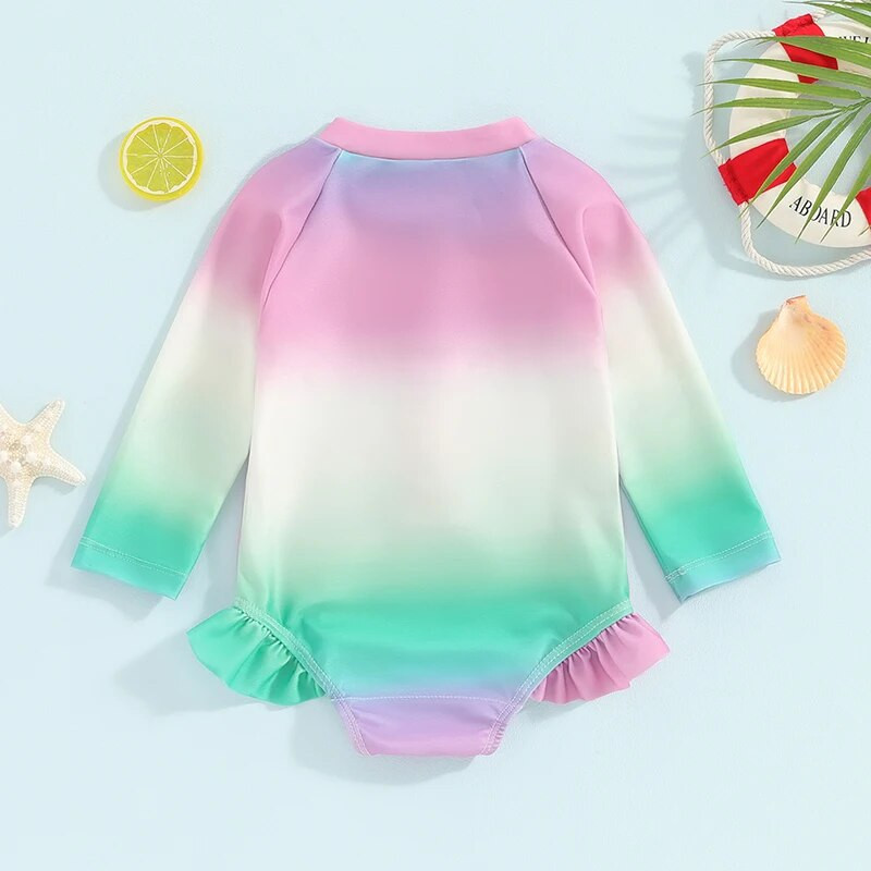 6M-4T Kupaći kostimi s dugim rukavima i okruglim izrezom Rash Guard za djevojčice s gradijentnom bojom na patentni zatvarač
