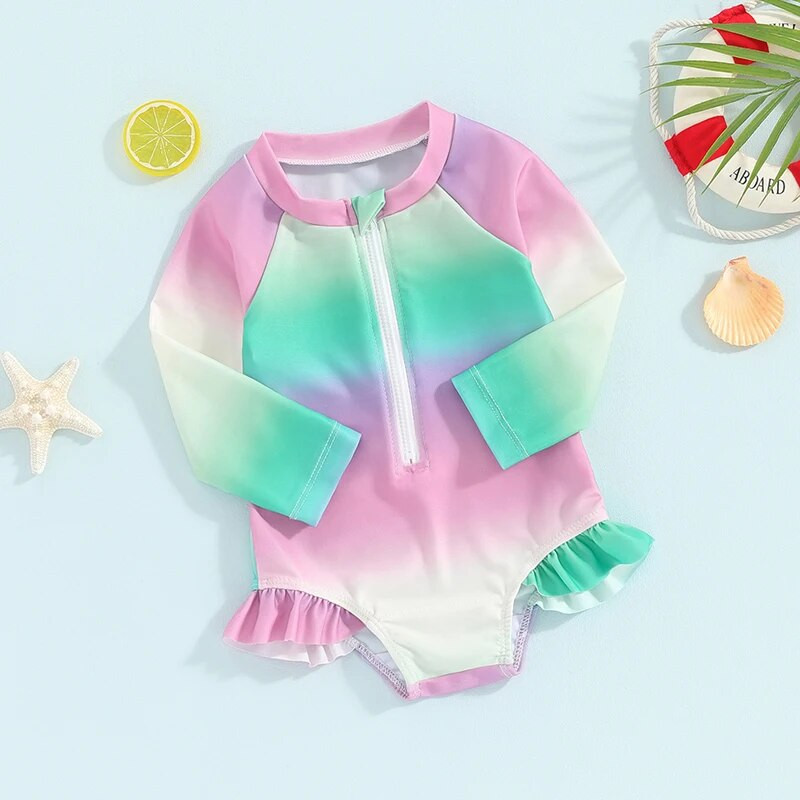 6M-4T Kupaći kostimi s dugim rukavima i okruglim izrezom Rash Guard za djevojčice s gradijentnom bojom na patentni zatvarač