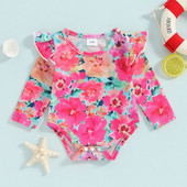 3M-3TDjevojački kupaći kostim dugih rukava s printom za bebe Crveni, ležerni dnevni bikini s letećim rukavima i okruglim izrezom u obliku srca.