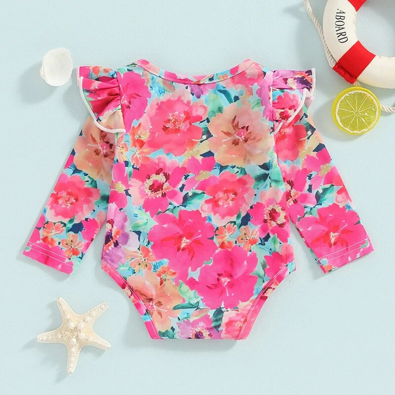 3M-3TDjevojački kupaći kostim dugih rukava s printom za bebe Crveni, ležerni dnevni bikini s letećim rukavima i okruglim izrezom u obliku srca.