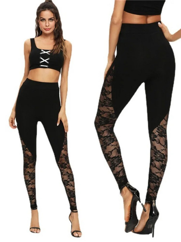 Szexi hálós leggings nyári új női ruházat üreges csipke fekete sport jóga nadrág divat magas derék rugalmasság toldás