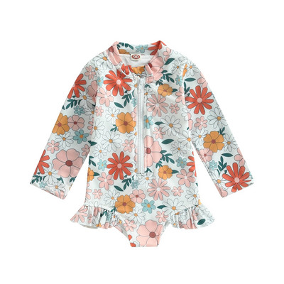 Yiiciovy Sweet Kids Zīdaiņu puķu peldkostīms vasaras puķaini ar garām piedurknēm ar rāvējslēdzēju volāniem kombinezoni peldkostīmi Pludmales apģērbi peldkostīmi