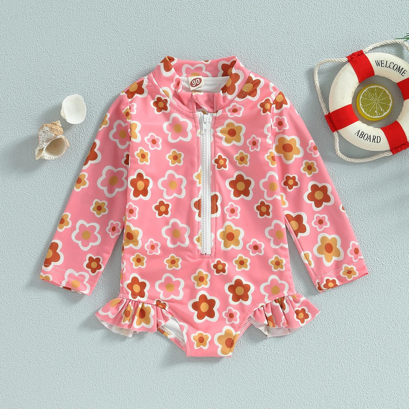 Yiiciovy Sweet Kids Zīdaiņu puķu peldkostīms vasaras puķaini ar garām piedurknēm ar rāvējslēdzēju volāniem kombinezoni peldkostīmi Pludmales apģērbi peldkostīmi