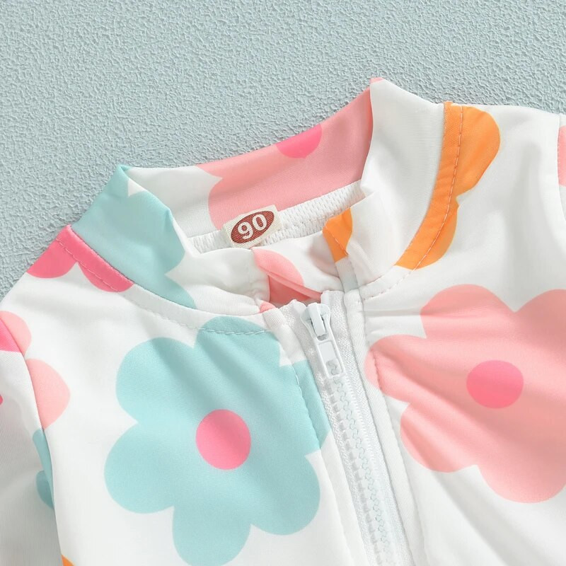 Yiiciovy Sweet Kids Zīdaiņu puķu peldkostīms vasaras puķaini ar garām piedurknēm ar rāvējslēdzēju volāniem kombinezoni peldkostīmi Pludmales apģērbi peldkostīmi