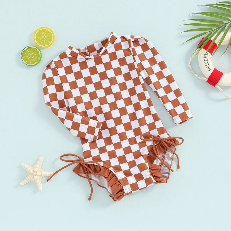 6M-4T meiteņu bikini pludmales peldkostīms ar garām piedurknēm šaha galda mežģīnēm ar apdruku ar volānu malu