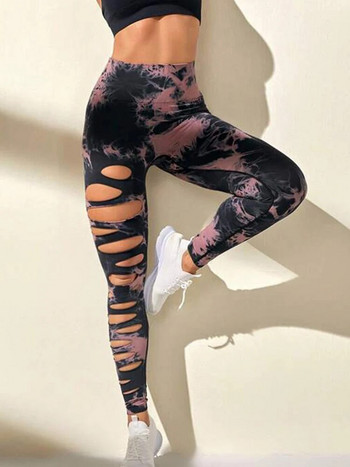 Σέξι κολάν ψηλή μέση κοίλο Tie-dye παντελόνι γιόγκα Scrunch Butt Lifting Ελαστικό κολάν Push Up Ρούχα γυμναστικής για τζόκινγκ