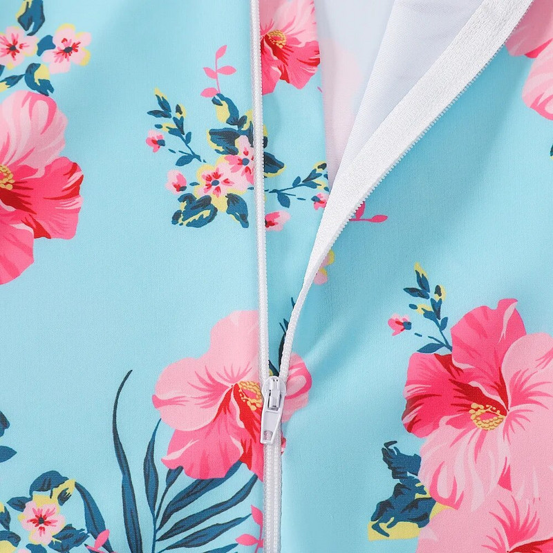 Bērnu meiteņu viendaļīgs peldkostīms ar garām piedurknēm priekšpusē ar rāvējslēdzēju apdruku Peldkostīmi Peldkostīms Peldkostīms Bodijs Pludmales Uzvalki