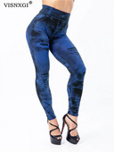 VISNXGI Секси имитация на дънки Клинове с висока талия Безшевни панталони за йога Фитнес облекло Push Up Фитнес тренировка Печатна дупка Skinny Hot