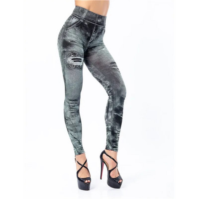 VISNXGI Секси имитация на дънки Клинове с висока талия Безшевни панталони за йога Фитнес облекло Push Up Фитнес тренировка Печатна дупка Skinny Hot